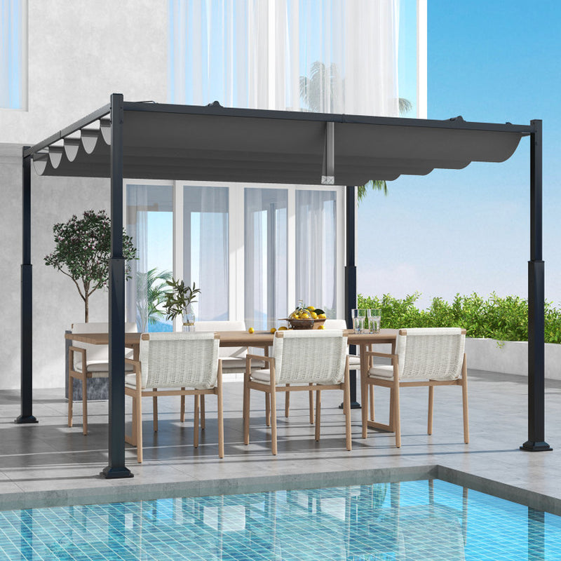 10 X 10 Feet Outdoor Pergola with Retractable Canopy and Metal Columns