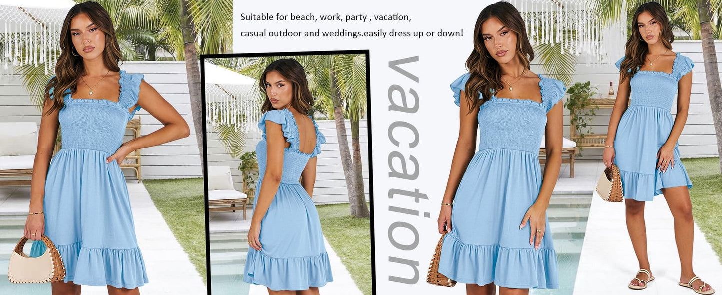 Summer Dresses for Women Casual Sleeveless Square Neck Midi Dress Ruffle Backless Swing Flowy Tiered Dress