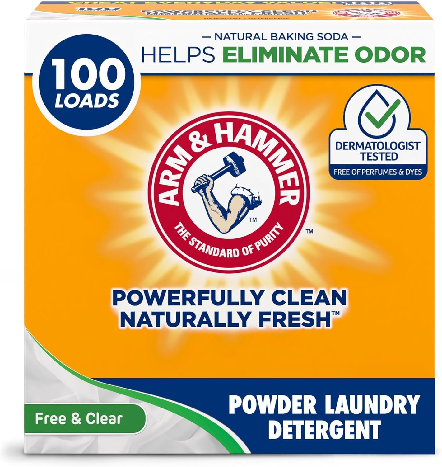 Arm & Hammer Laundry Detergent, Free of Perfume & Dyes, Powder, 100 Loads
