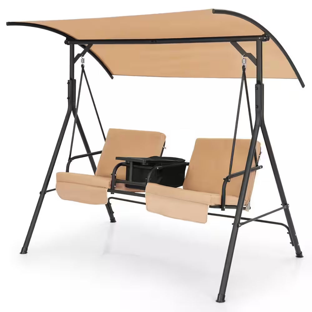 2-Person Metal Patio Swing Chair with Adjustable Canopy, 360° Rotatable Tray, Beige