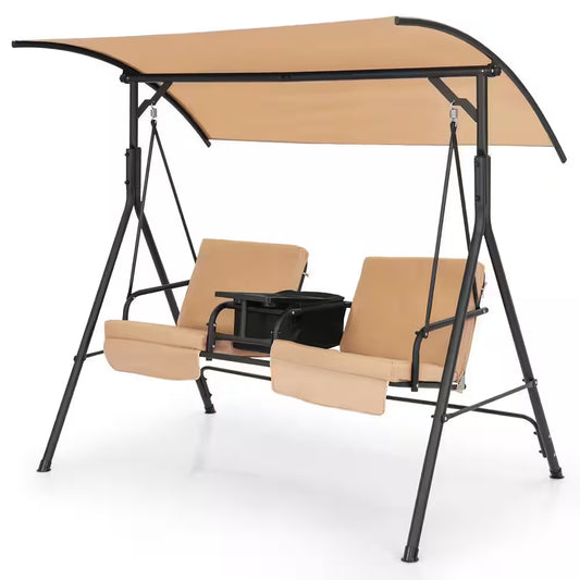 2-Person Metal Patio Swing Chair with Adjustable Canopy, 360° Rotatable Tray, Beige