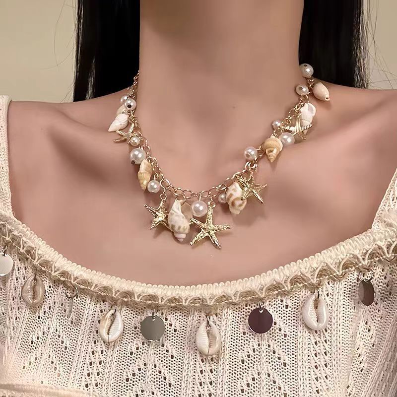 Seaside vacation style, starfish shell tassel style, summer ocean beach, collarbone chain accessory for women