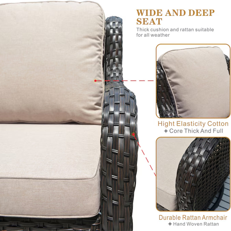 6 -Piece Rattan Patio Sofa Conversation Set with Beige Cushions