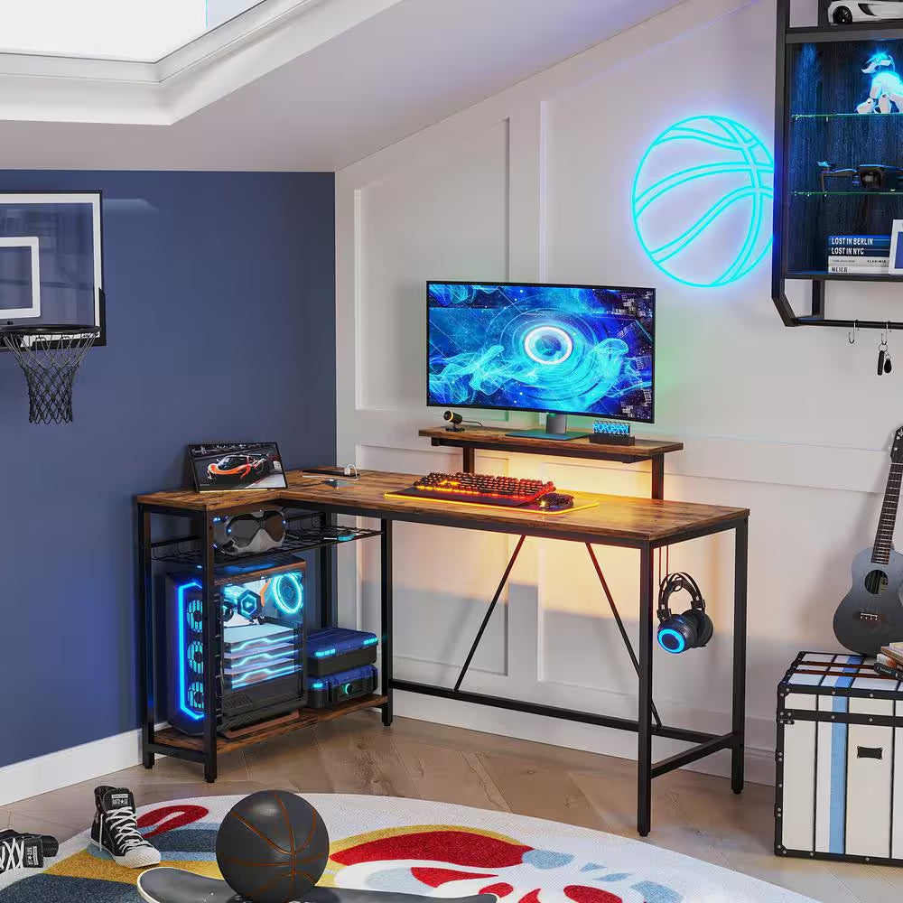 58 In. L-Shaped Rustic Brown LED Gaming Desk with Storage Shelf and Power Outlets