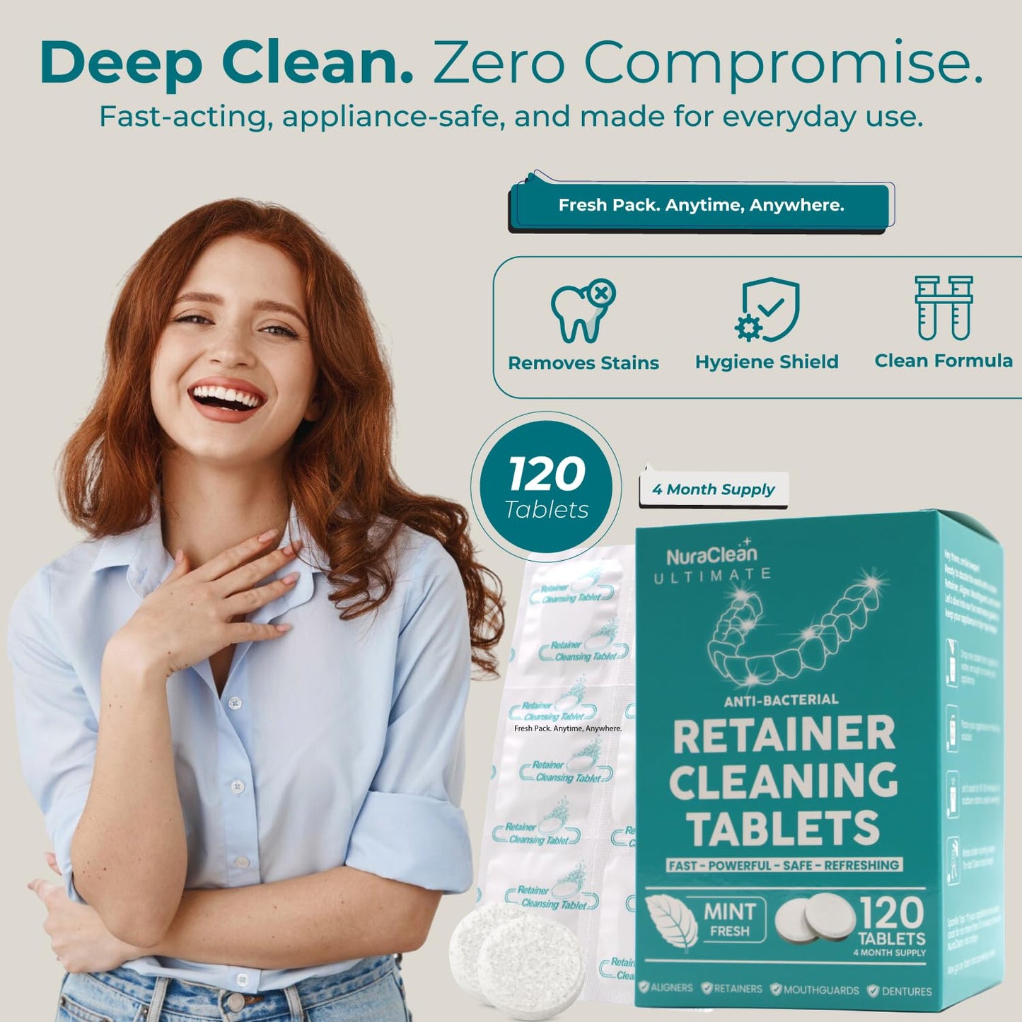 Ultimate Retainer Cleaner Tablets – 120 Count – Dental Pod, Braces, Mouthguard & Denture Cleaning – Fast-Acting, Daily Safe Formula – Freshens & Removes Stains
