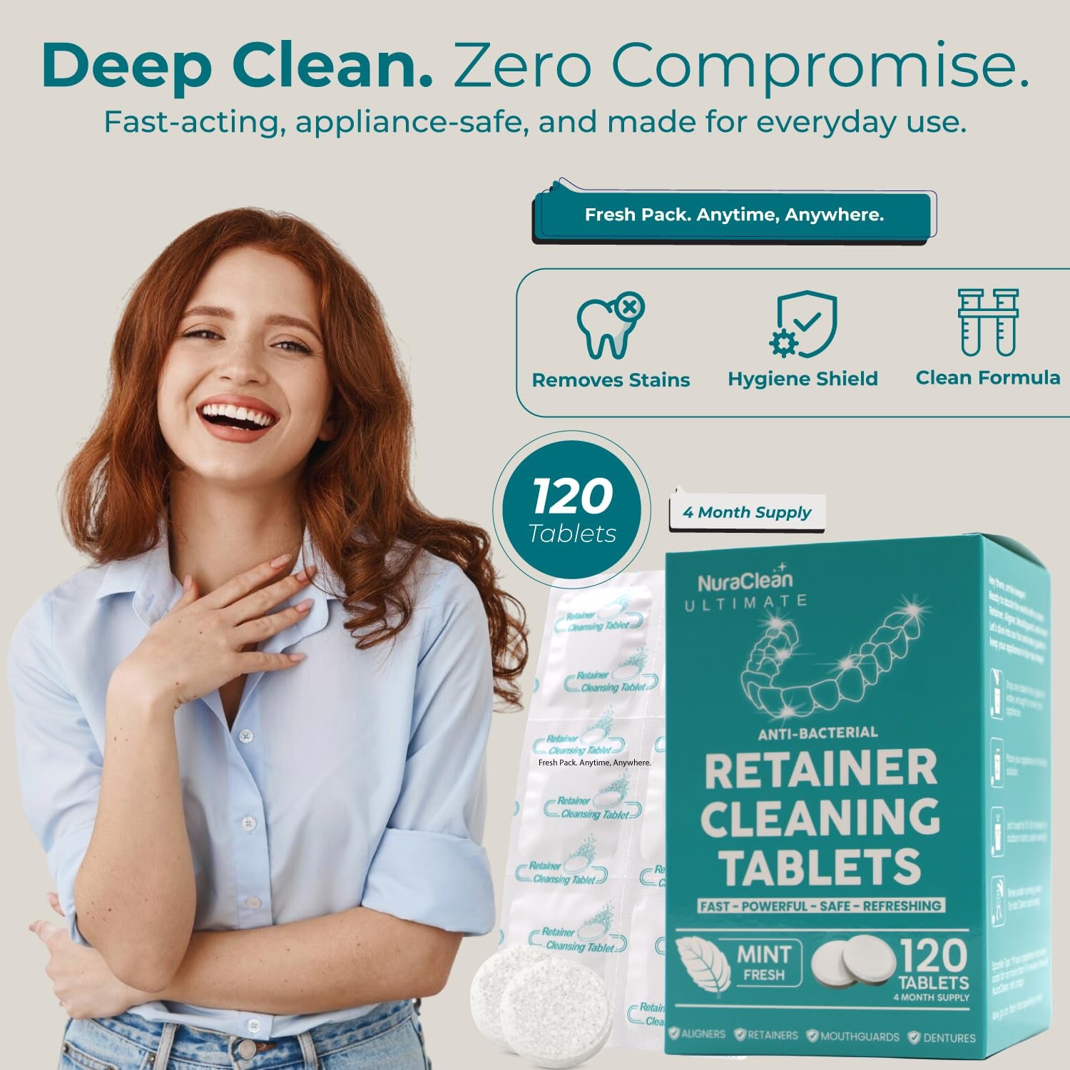 Ultimate Retainer Cleaner Tablets – 120 Count – Dental Pod, Braces, Mouthguard & Denture Cleaning – Fast-Acting, Daily Safe Formula – Freshens & Removes Stains