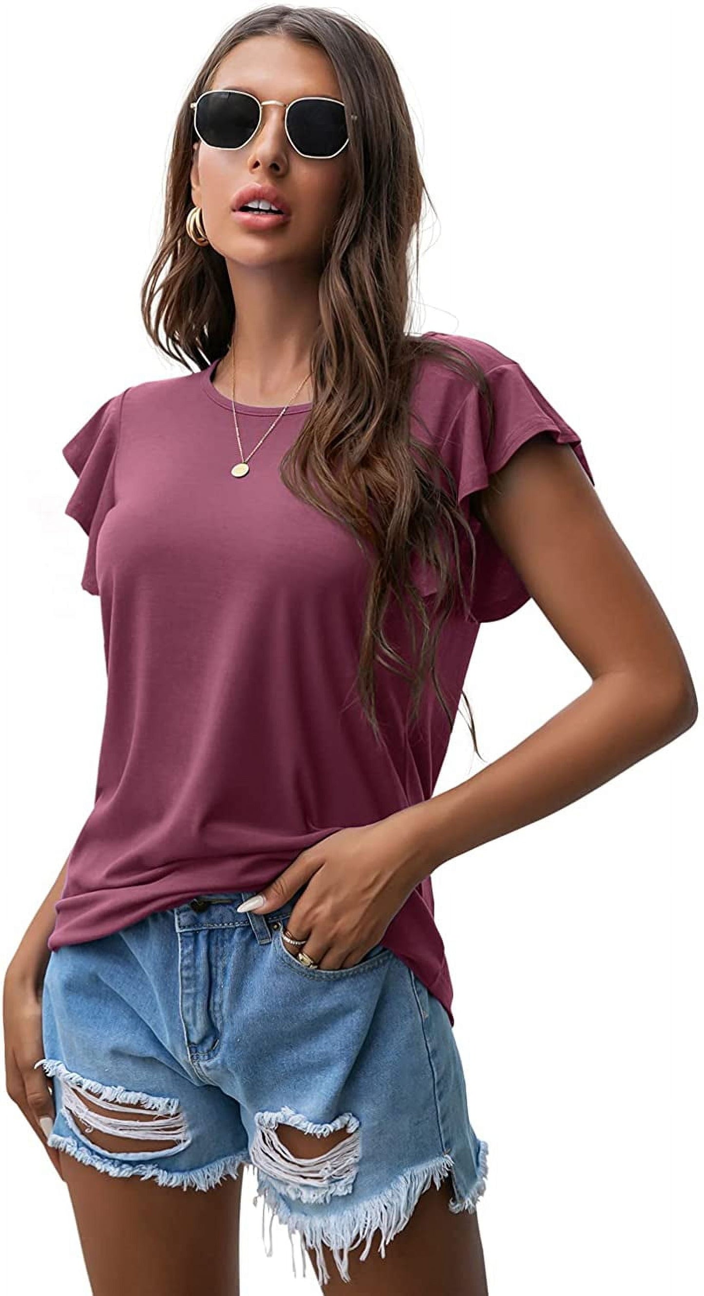 Summer Ruffle Short Sleeve Knit Tunic Tops Shirts Tank Tee Blouse for Women