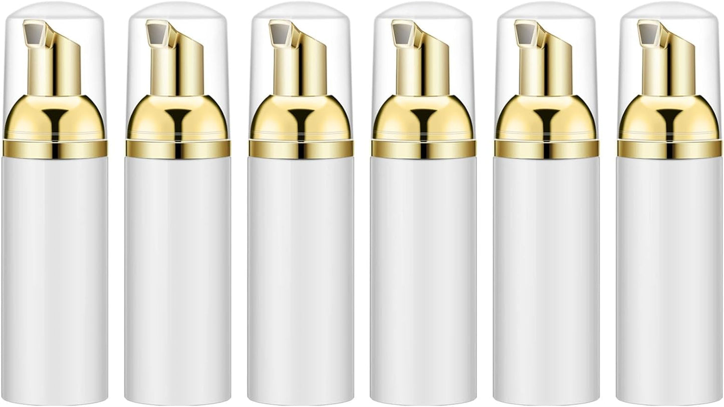 2 Oz Empty White Foam Pump Bottle, Foamer Soap Dispenser for Lash Shampoo, Hand Soap, Foaming Cleaner(Gold Pump, 6 PCS)