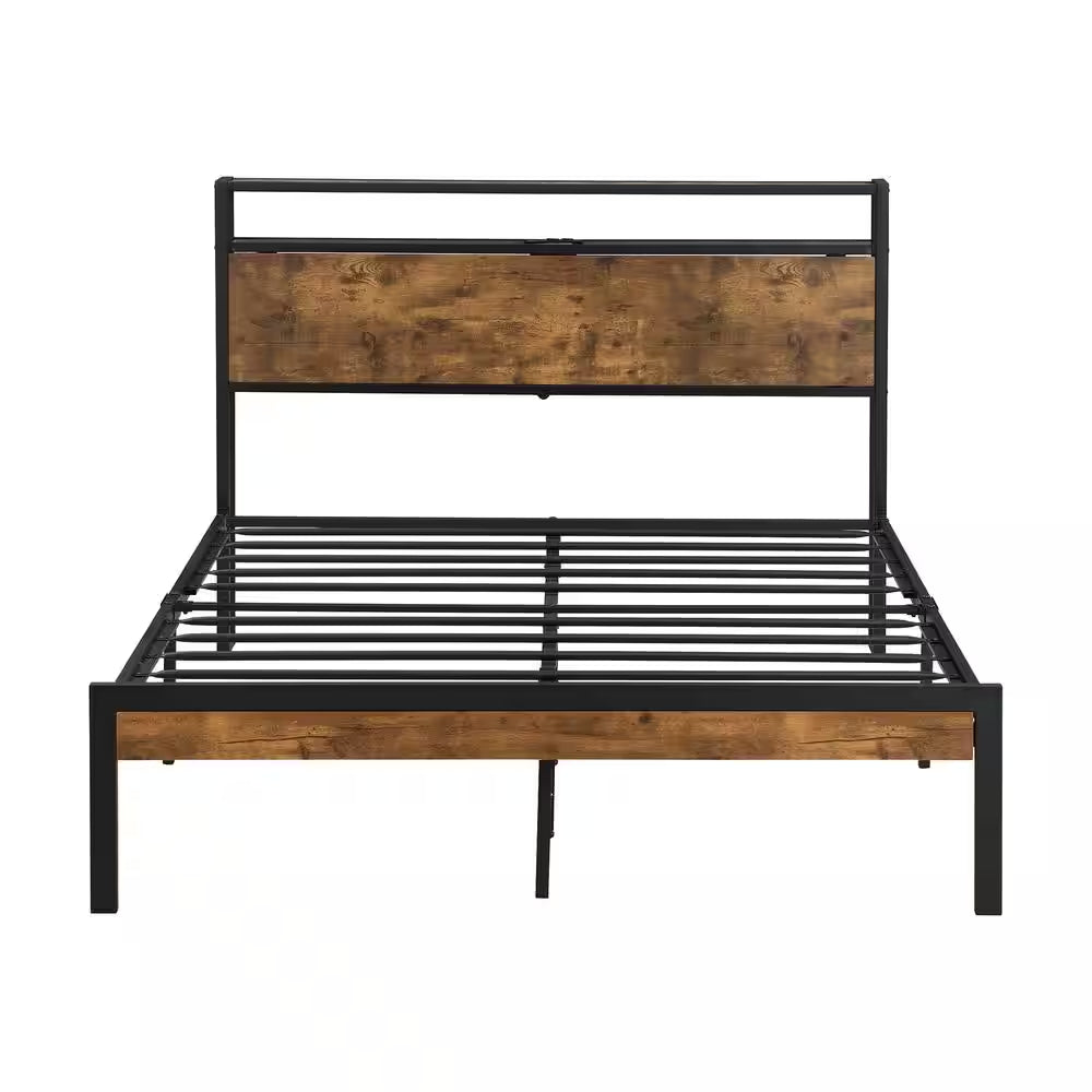 Modern Industrial Black Metal Frame Queen Platform Bed with Wooden Storage Headboard, Charging Station, Underbed Storage