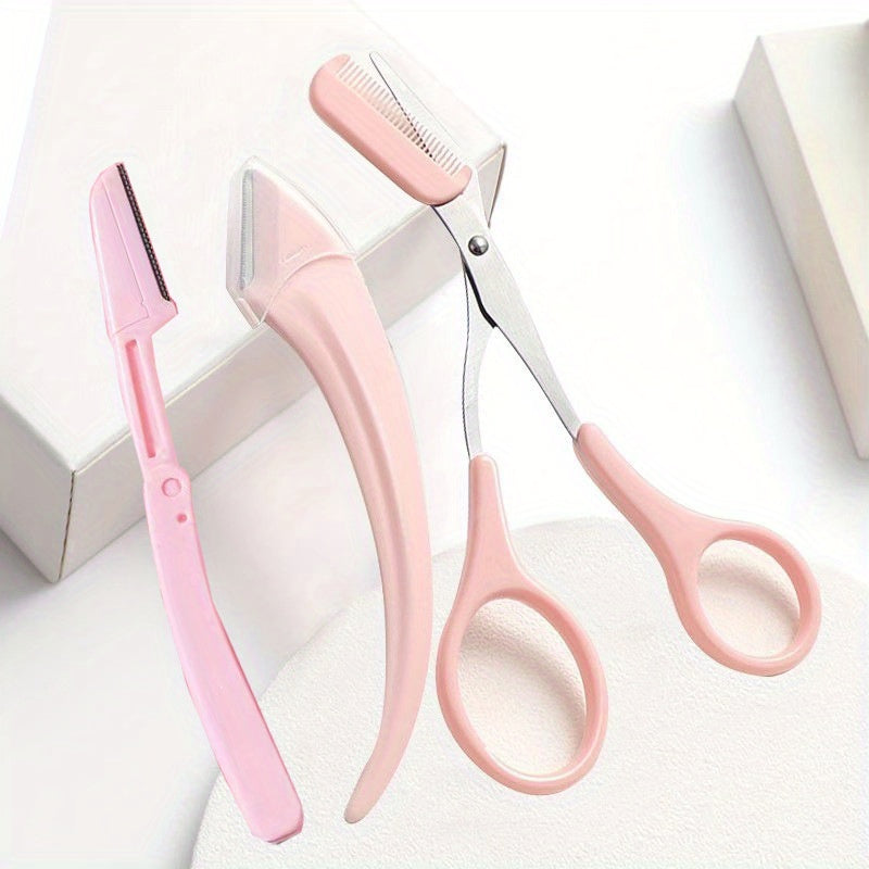 2 crescent shaped eyebrow trimmers+1 pink eyebrow trimmer, pink eyebrow trimmer scissors with built-in comb, stainless steel material, precise grooming tool, creating perfect eyebrows