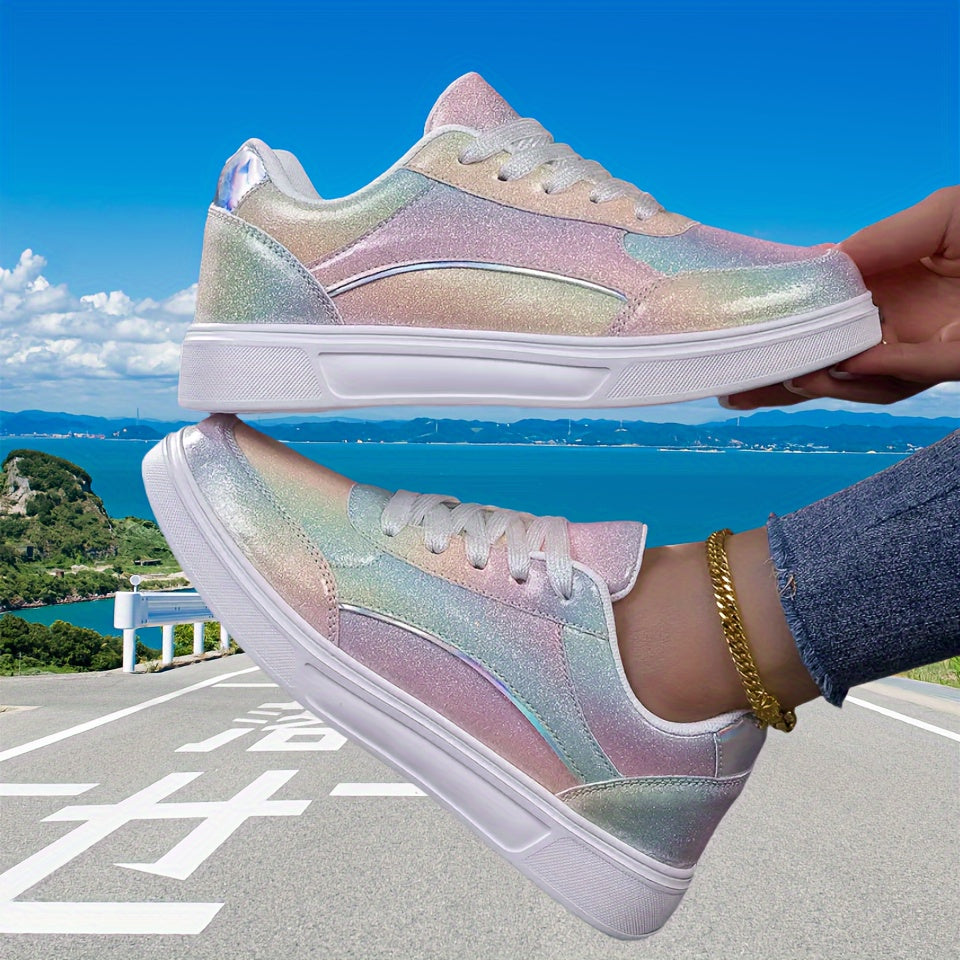 Women's Iridescent Superfine Fiber Sneakers with EVA Sole - Lightweight, All-Season Running Shoes with Stabilizing Support for Normal Pronation, Breathable Fabric Inner, Non-Slip - For Women - Suitable for Running, Walking, S