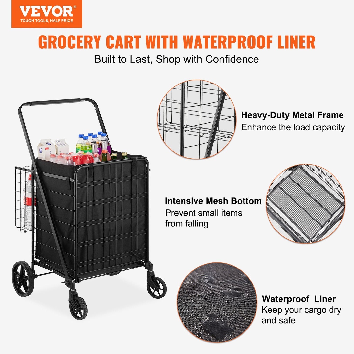 VEVOR Folding Shopping Cart with Removable Waterproof Liner, 330LBS Large Capacity Jumbo Grocery Cart with Dual Basket, 360¡Ã Swivel Wheels, Dense Metal Mesh Base, Heavy Duty Utility Cart for Shopping
