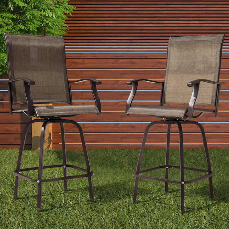 Patio Swivel Bar Chairs Set of 2 Brown with Gold Point Iron Frame Swivel Bar Stool Chair with Brown Sling Seat