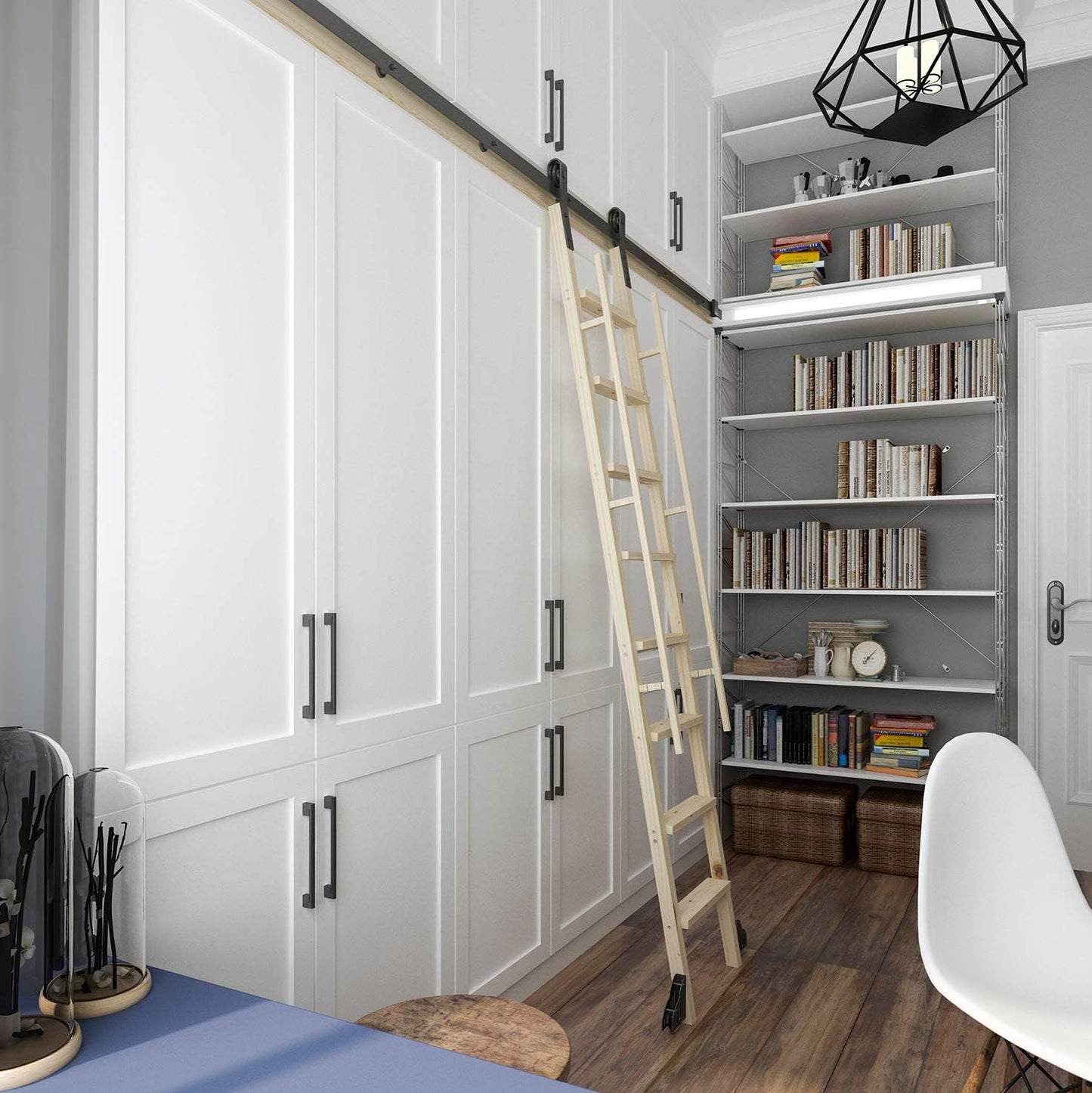 16FT Rustic Black Sliding Library Ladder Hardware,Bottom Wheel with Brake (No Ladder)