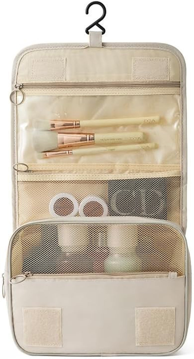 FQUAN Travel Toiletry Bag Water-Resistant Makeup Cosmetic Bag with Hanging Hook Travel Organizer, Beige