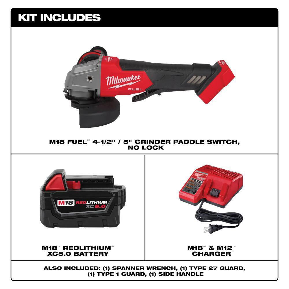 M18 FUEL 18V Lithium-Ion Brushless Cordless 4-1/2 In./5 In. Grinder and Starter Kit W/(1) 5.0 Ah Battery and Charger