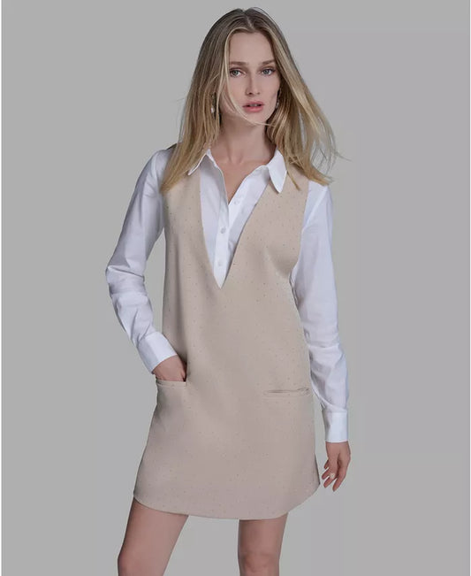 Women'S Long Sleeve Twofer Vest Shirt Dress