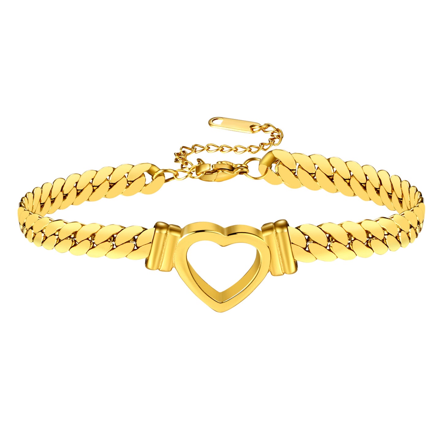 Women'S Chunky Cuban Link Bracelet Stainless Steel Flat Heart Chain Adjustable
