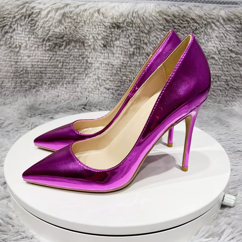 Sexy Shiny Purple 12Cm High Heels Women Pointy Toe Stiletto Pumps Fashion 8Cm 10Cm 12Cm OL Slip on Wedding Party Shoes