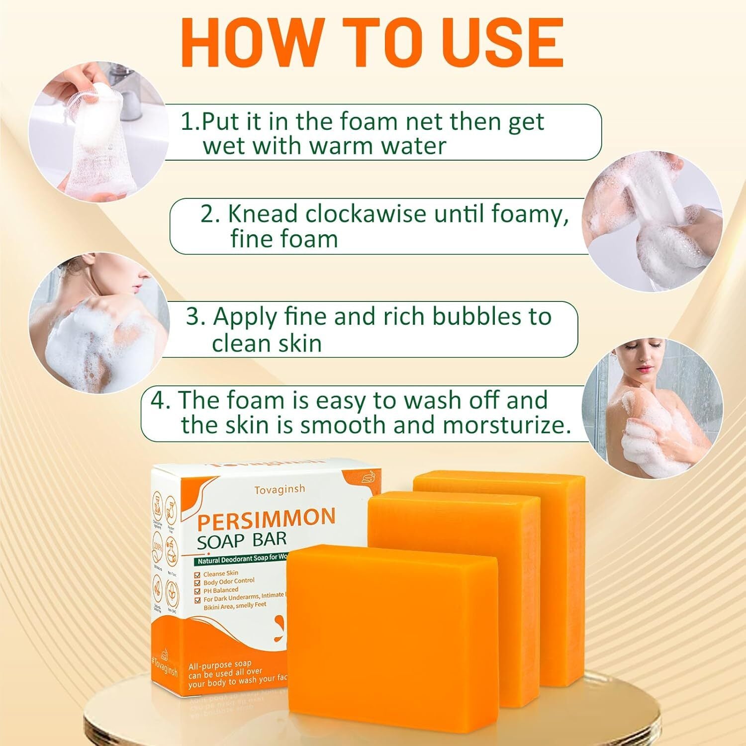 3Pack Natural Persimmon Soap Bar for Body Odor Control, Organic Deodorant Body P