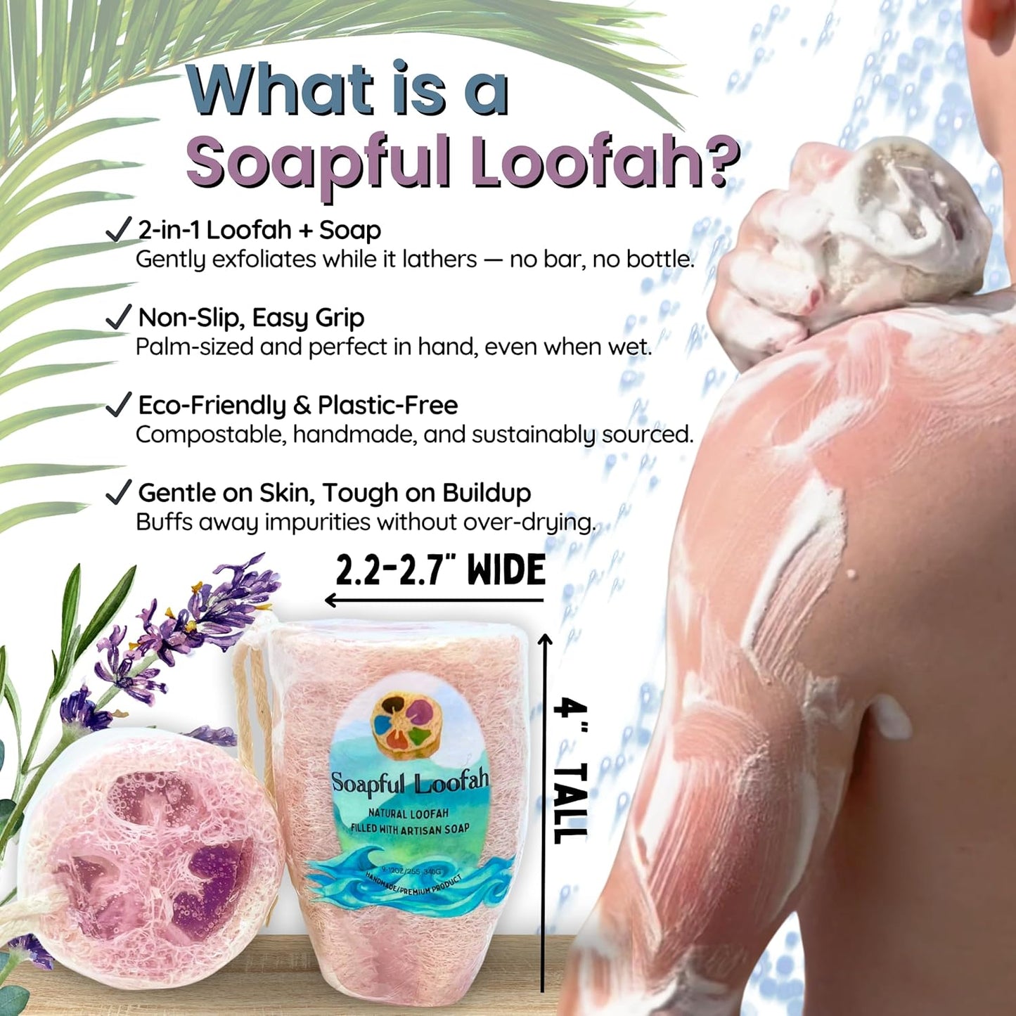 โ Lavender Eucalyptus | Exfoliating Loofah Soap Bar | Vegan Glycerin + Built-In Natural Loofah | Soothing Spa Shower Scrub | Shower Scrubber