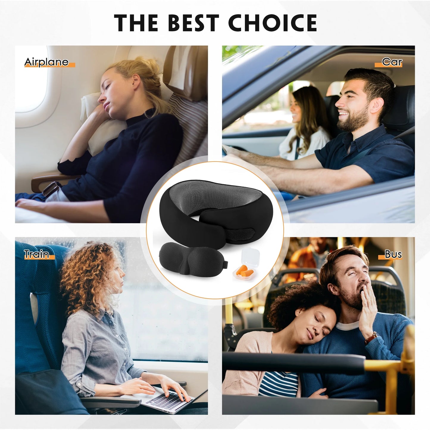 Travel Pillows for Airplanes, Travel Neck Pillow Travel Pillow, 360° Support Memory Foam Travel Pillow with 3D Contoured Eye Mask, Earplugs and Storage Bag for Airplanes Offices, Cars, Black
