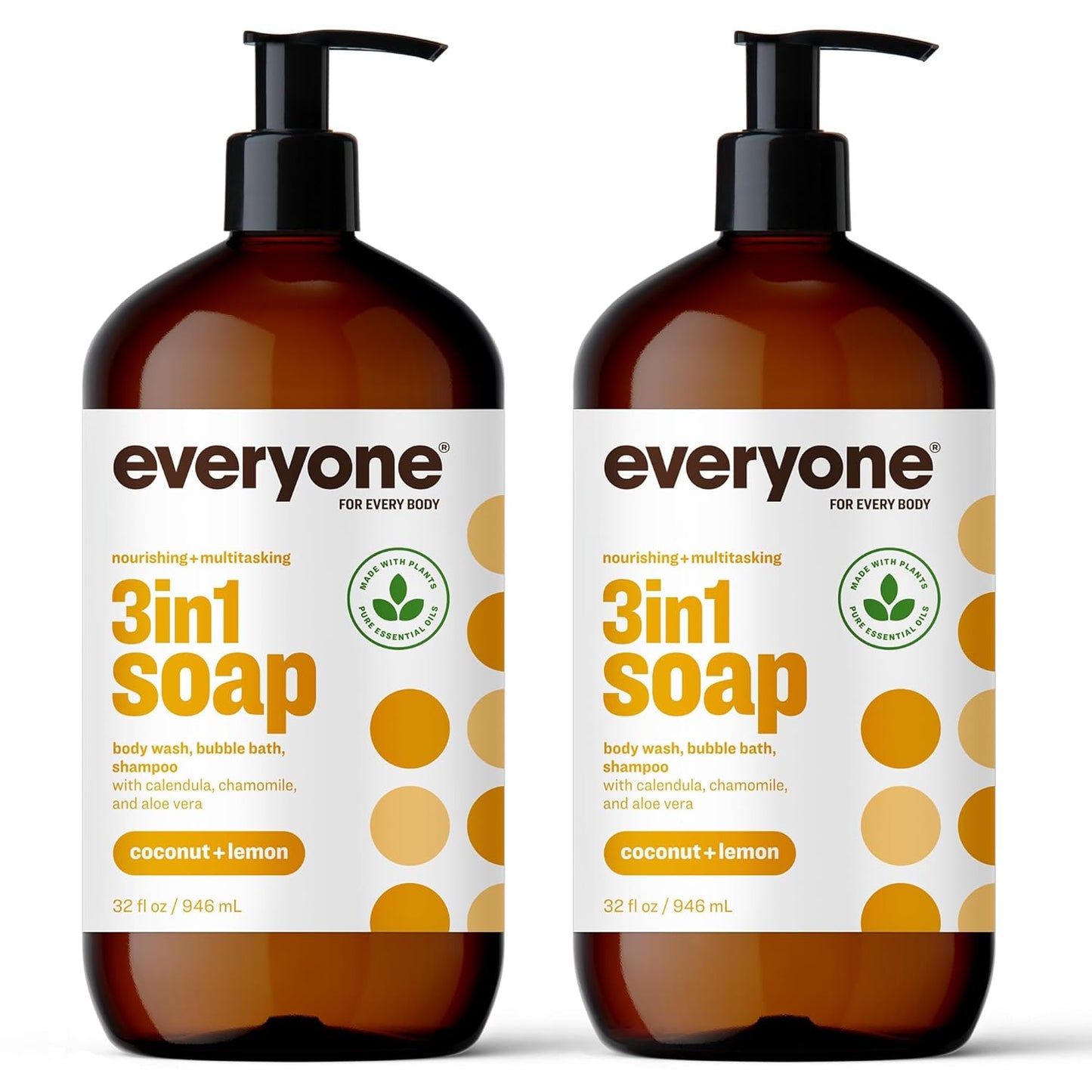 3-In-1 Soap, Body Wash, Bubble Bath, Shampoo, 32 Ounce (Pack of 2), Coconut and Lemon, Made with Essential Oils for Men and Women