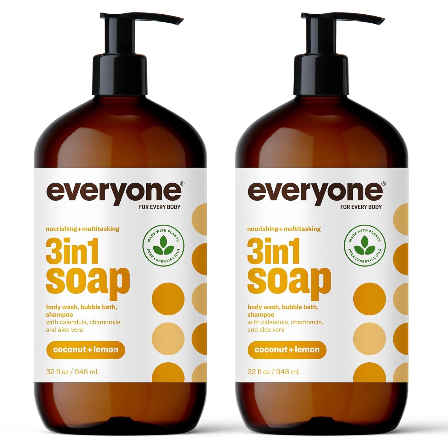 3-In-1 Soap, Body Wash, Bubble Bath, Shampoo, 32 Ounce (Pack of 2), Coconut and Lemon, Made with Essential Oils for Men and Women