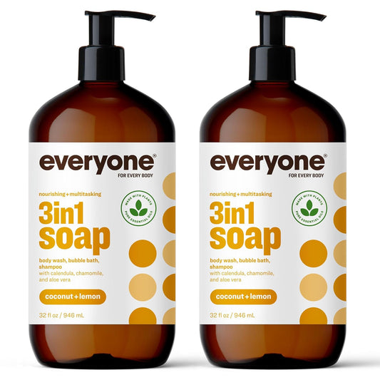 3-In-1 Soap, Body Wash, Bubble Bath, Shampoo, 32 Ounce (Pack of 2), Coconut and Lemon, Made with Essential Oils for Men and Women