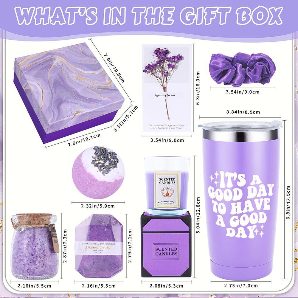 Lavender Bliss 8pcs Gift Set: Insulated Tumbler, Greeting Card, Hair Tie, Scented Candle, Bath Salts, Bath Bomb, Soap Bar - Alcohol-Free for All Skin Types