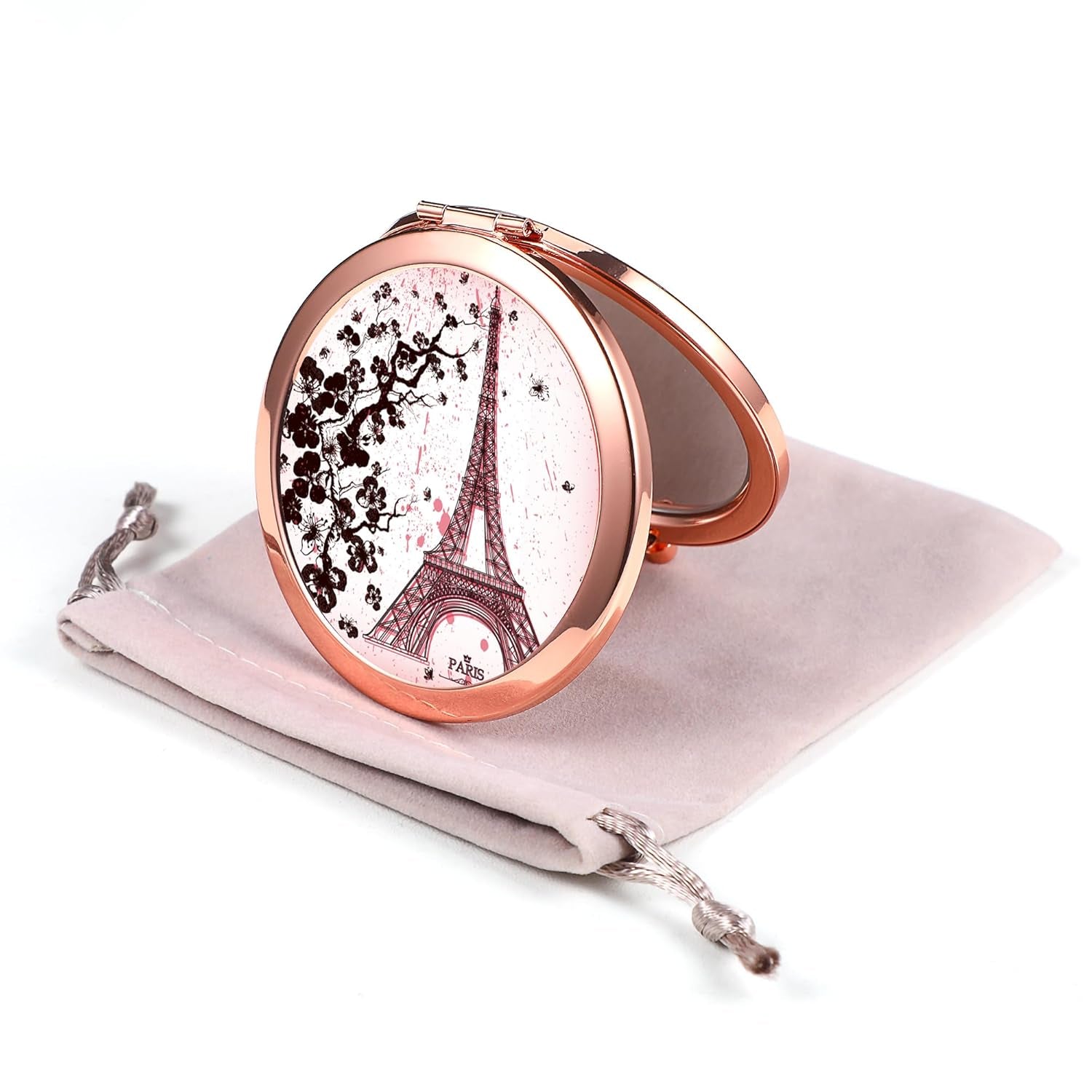 Compact Mirror Rose Gold Makeup Mirror Folding Mini Pocket Mirror Portable Hand Mirror Double-Sided 2 X 1X Magnification for Woman Girls (A-Eiffel Tower)