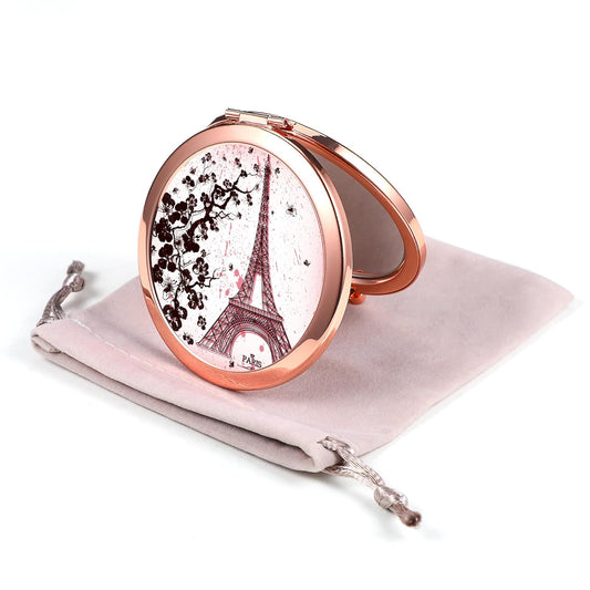 Compact Mirror Rose Gold Makeup Mirror Folding Mini Pocket Mirror Portable Hand Mirror Double-Sided 2 X 1X Magnification for Woman Girls (A-Eiffel Tower)