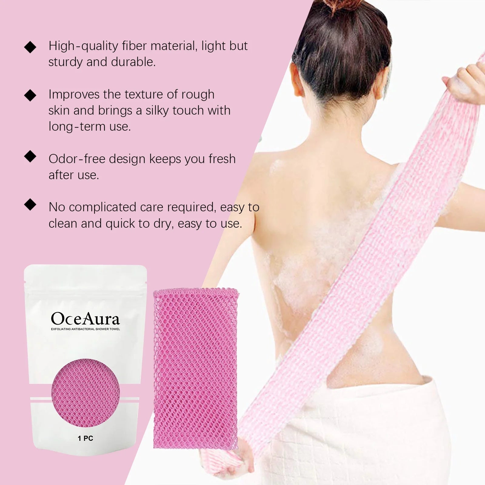 Exfoliating Back Scrubber Bath Gloves, Exfoliating Shower Towel for Body Scrub, Back Cleaner Wash Gloves to Remove Dead Skin (Pink)