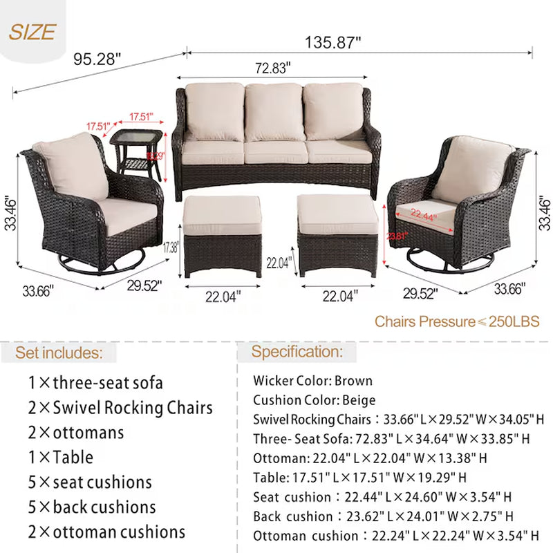 6 -Piece Rattan Patio Sofa Conversation Set with Beige Cushions