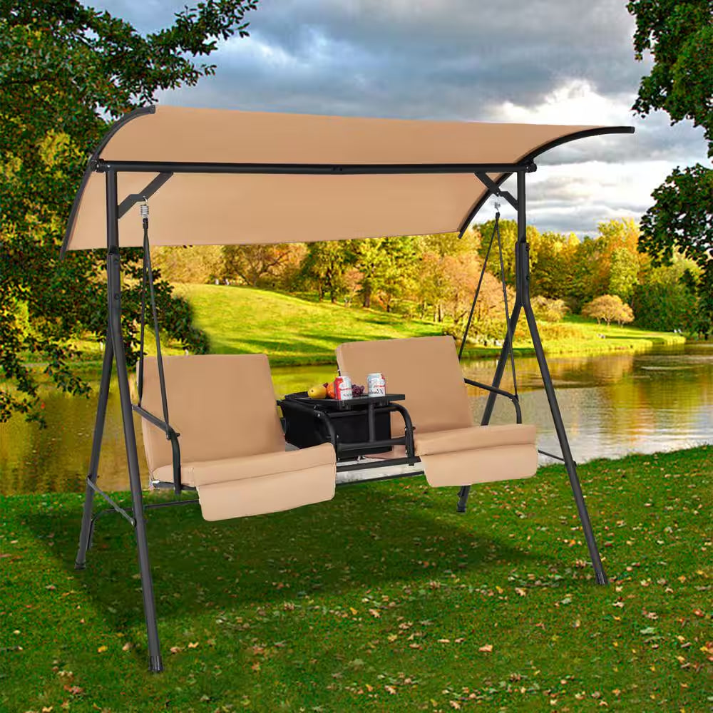 2-Person Metal Patio Swing Chair with Adjustable Canopy, 360° Rotatable Tray, Beige