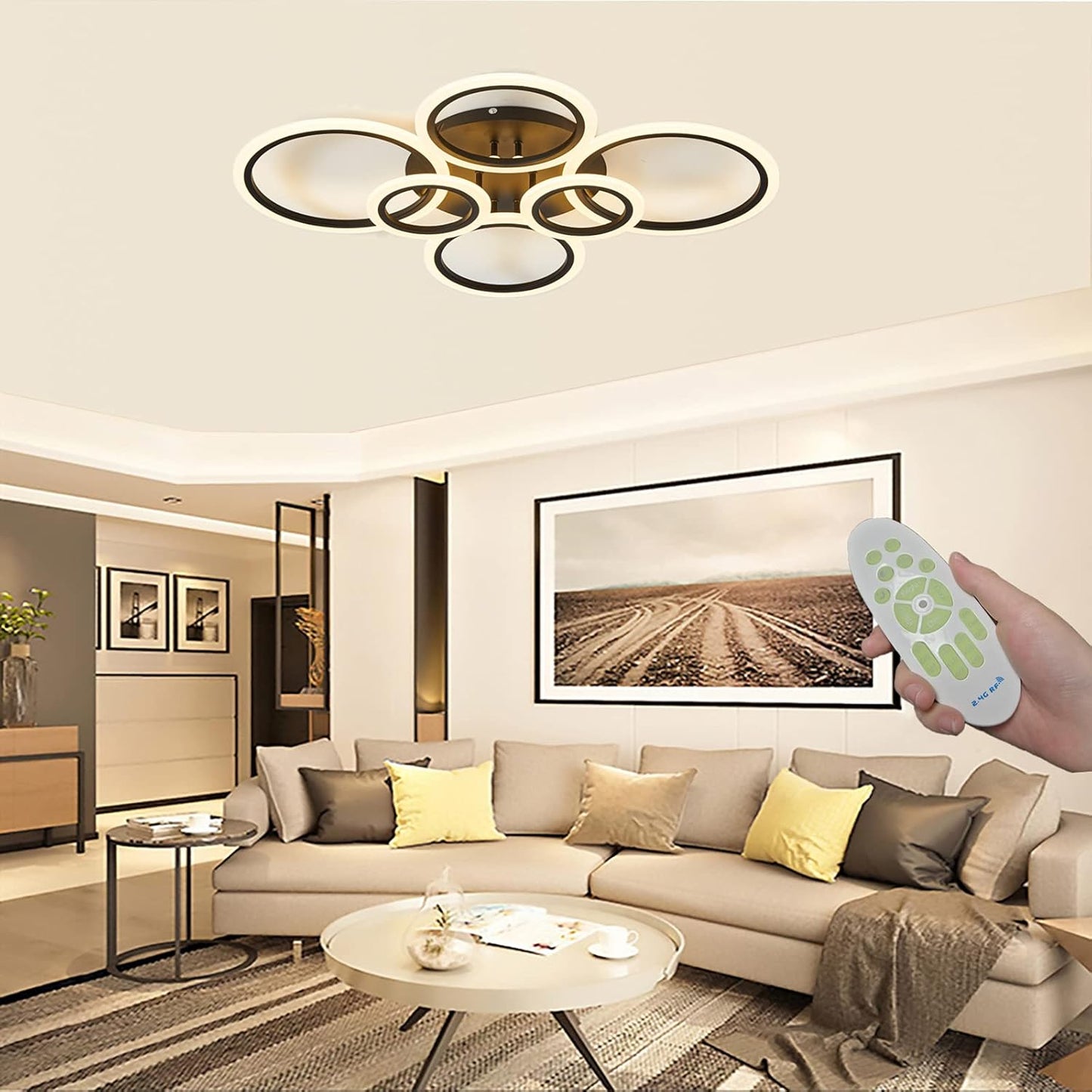 Modern LED Ceiling Light Fixture, 6 Rings Modern Ceiling Lamp, Remote Control Stepless Dimmable Black Modern Led Chandelier, Lamparas De Techo Modernas, for Livingroom, Bedroom, Diningroom