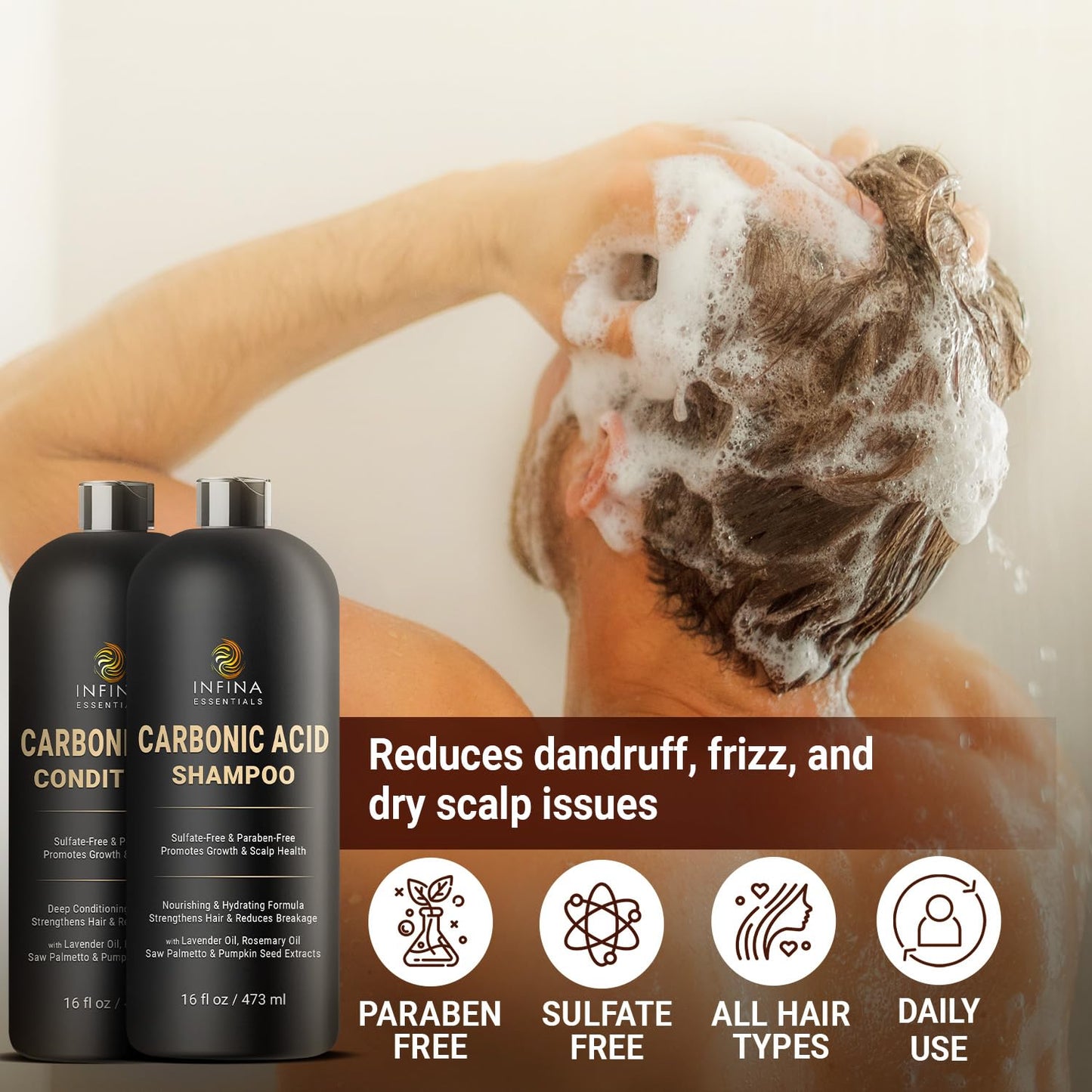Carbonic Acid Shampoo and Conditioner Set for Men & Women - Sulfate-Free Hair Growth Shampoo and Conditioner - 16 F Oz Each, Black