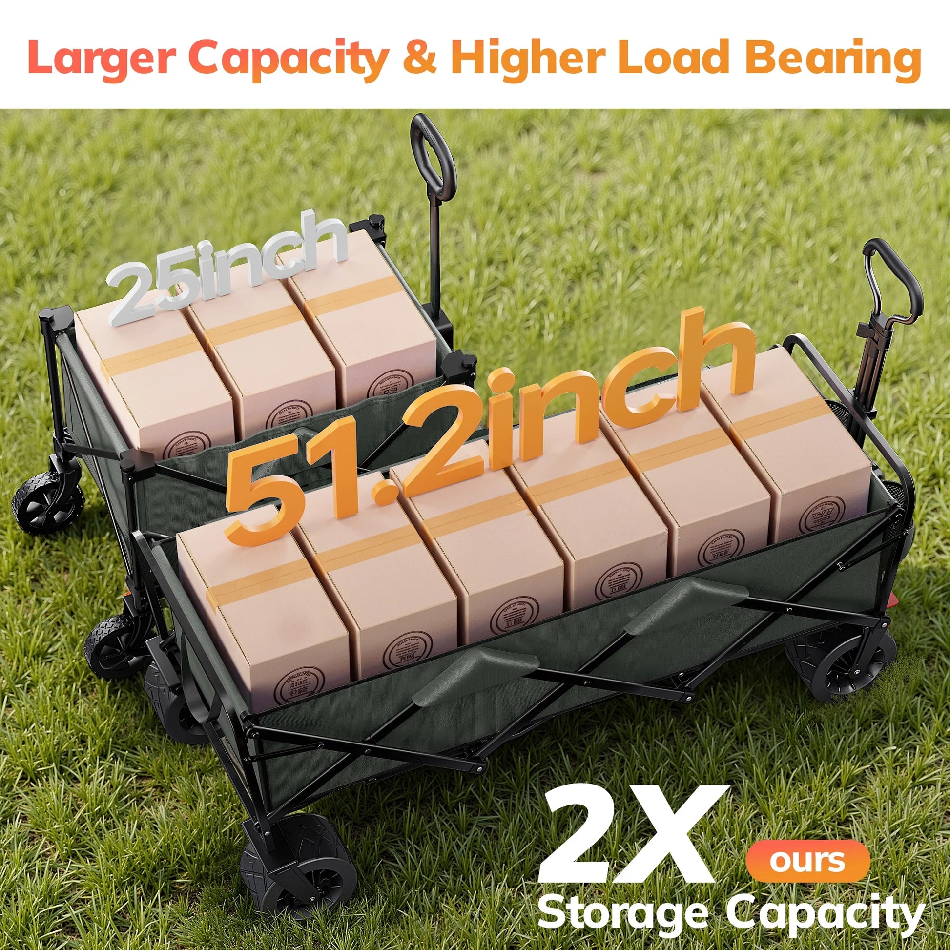 51.2" Large Collapsible Folding Wagon Cart, 560 Lbs Load Capacity, Heavy-Duty Steel Frame & Oversized Wheels for Grocery Shopping, Camping, Sports, Moving – Gray