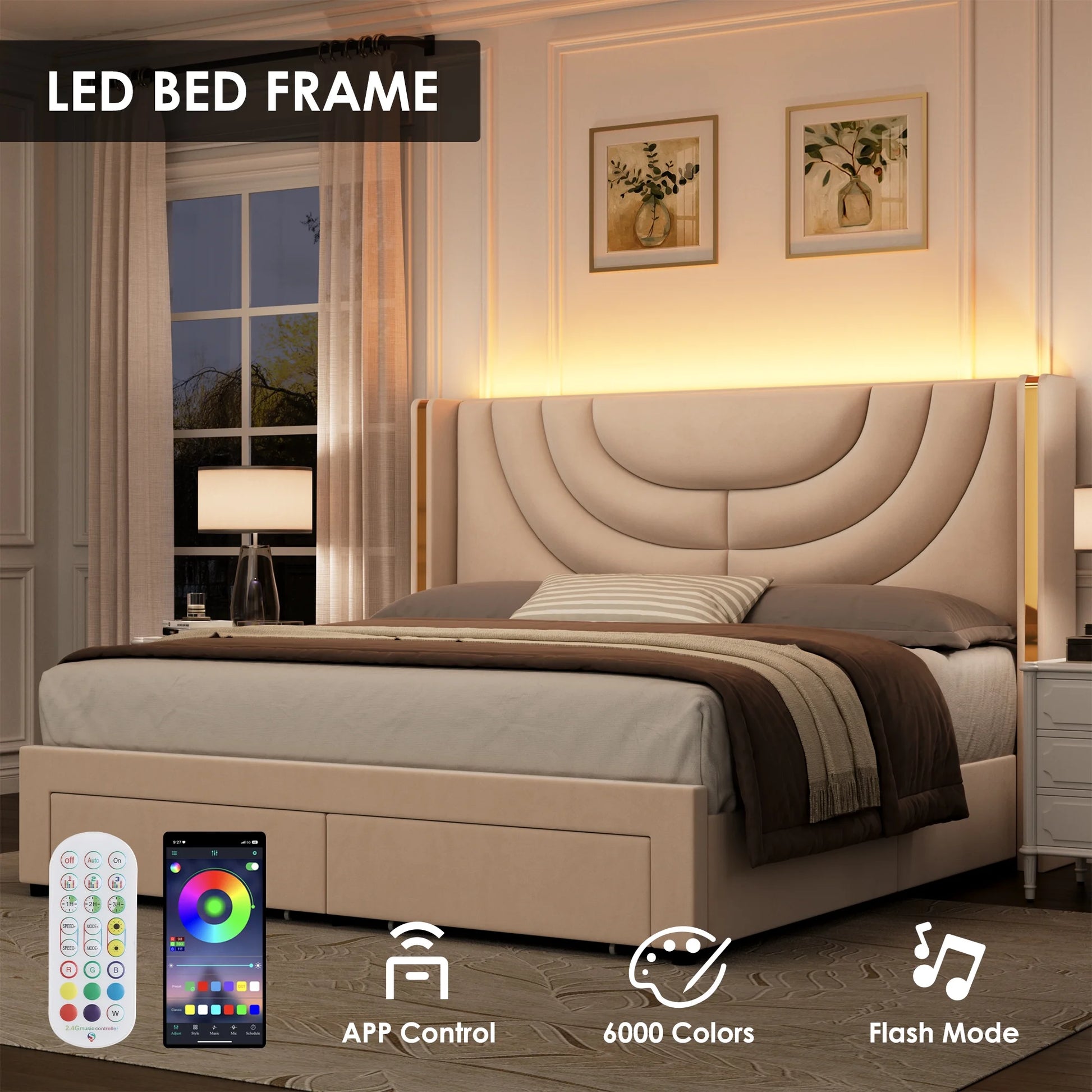 Queen Size LED Bed Frame with 2 Drawer Storage, Wingback Platform Bed with Velvet Upholstered Headboard, Off-White