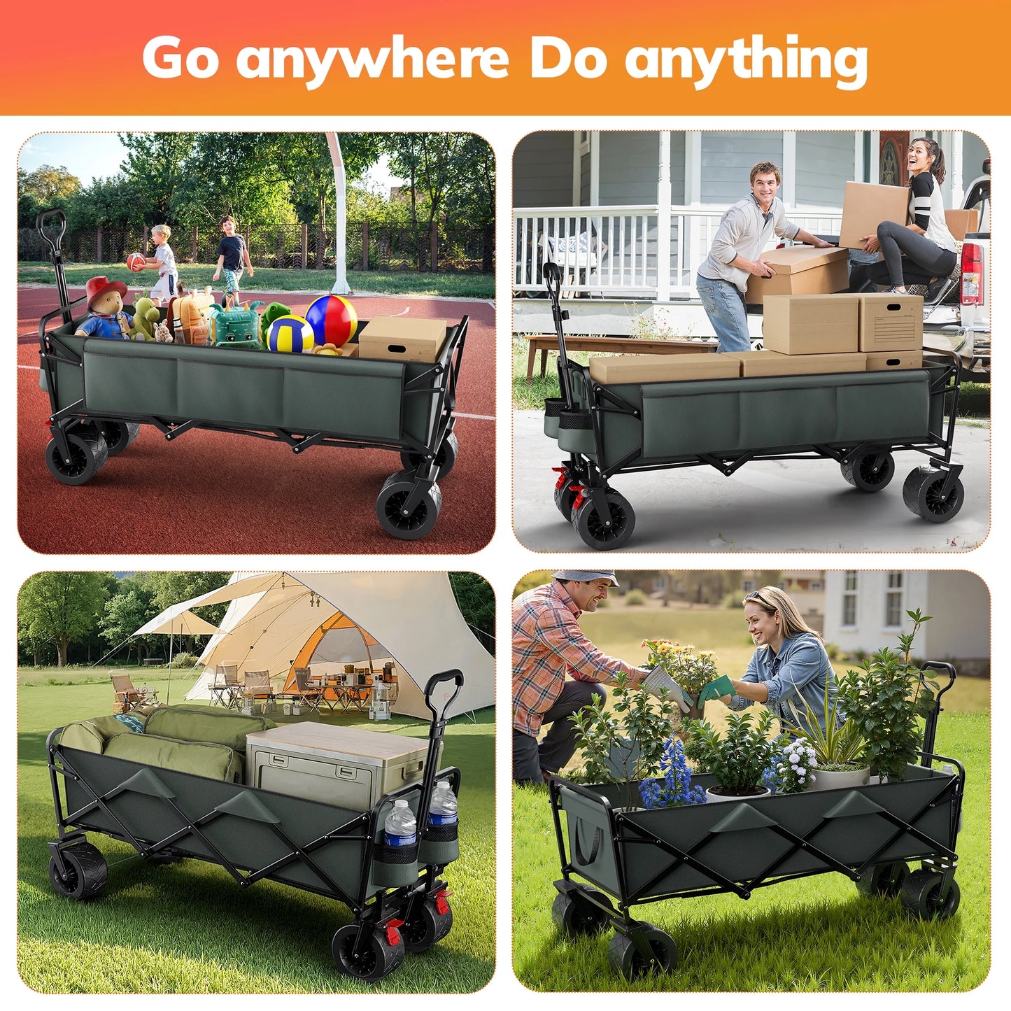 51.2" Large Collapsible Folding Wagon Cart, 560 Lbs Load Capacity, Heavy-Duty Steel Frame & Oversized Wheels for Grocery Shopping, Camping, Sports, Moving – Gray