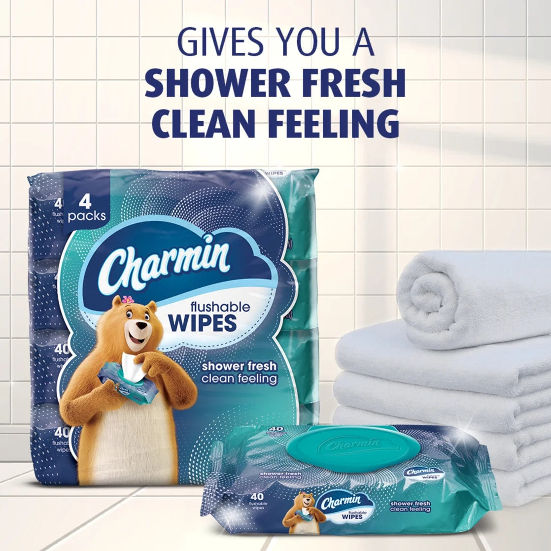 Flushable Wet Wipes, 4 Packs, 40 Wipes per Pack, 160 Total Wipes