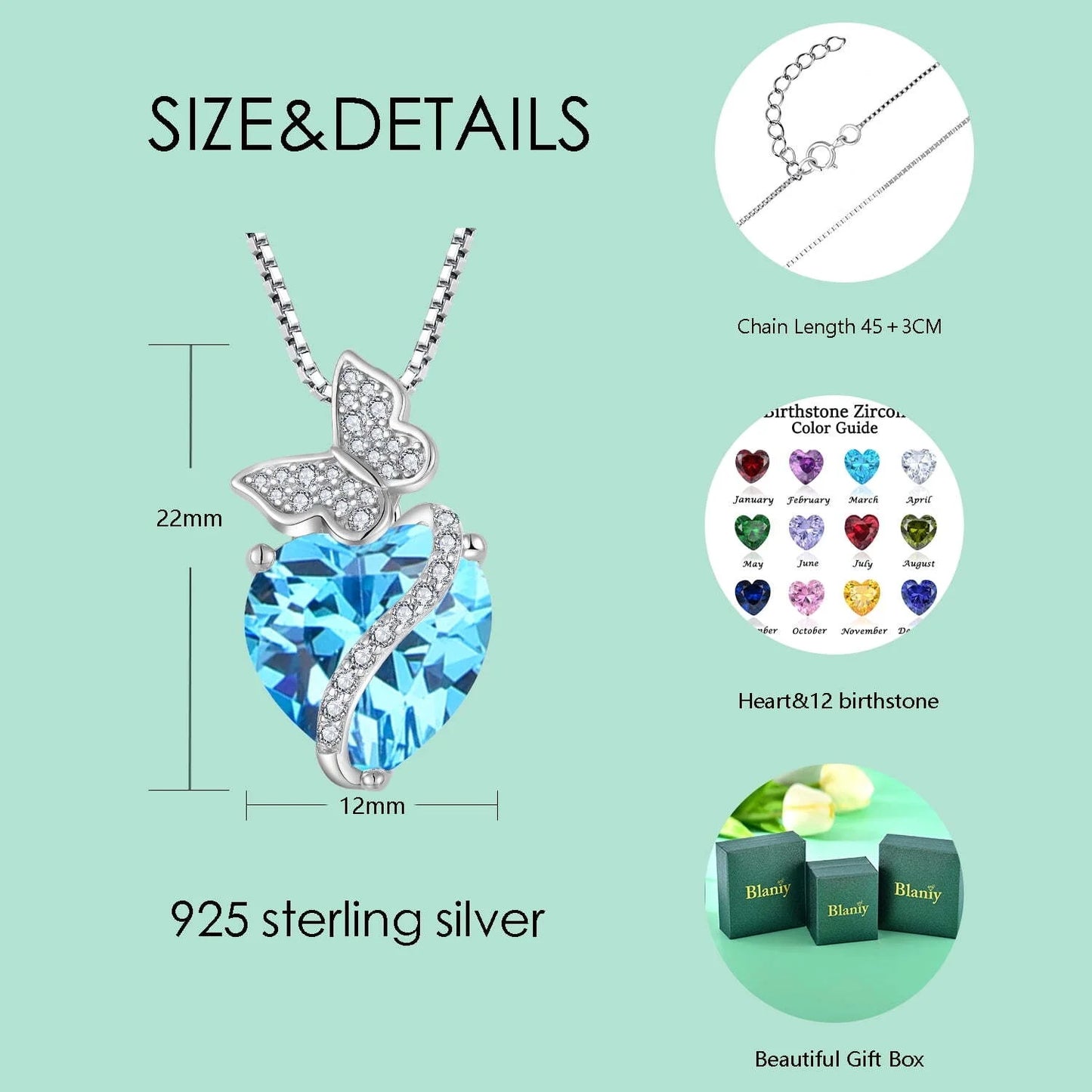Sterling Silver March Birthstone Heart Necklace Butterfly Pendant Jewelry Gift for Women