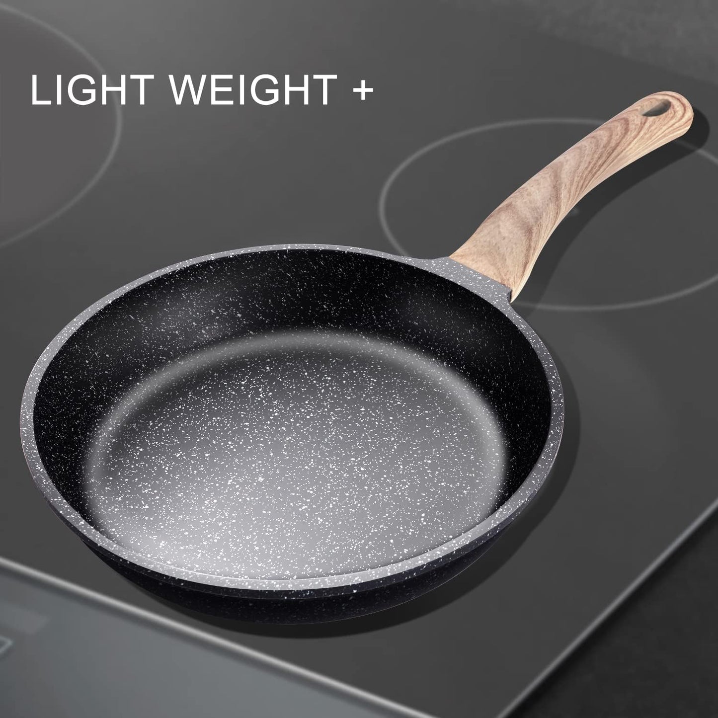 Nonstick Frying Pan Skillet Granite Coating Egg Omelet Pan 8 Inch Nonstick Pan with Woodgrain Handle, Non Stick Cooking Pans for All Stove Tops, PTFE PFOA Free, Induction Compatible