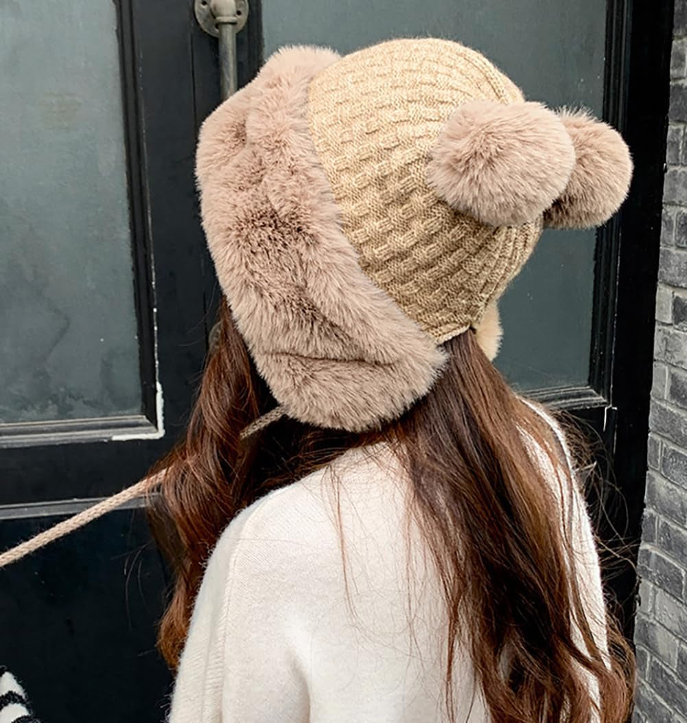 Winter Pompom Beanie Hats for Women Fluffy Knit Womens Beanie Faux Fur Crochet Skull Cap Warm Bucket Outdoor Ear Cover