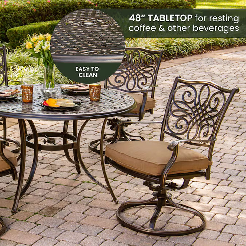 Traditions 5 -Piece Bronze Patio Dining Set Aluminum round Table with 4 Tan Cushions Swivel Chairs
