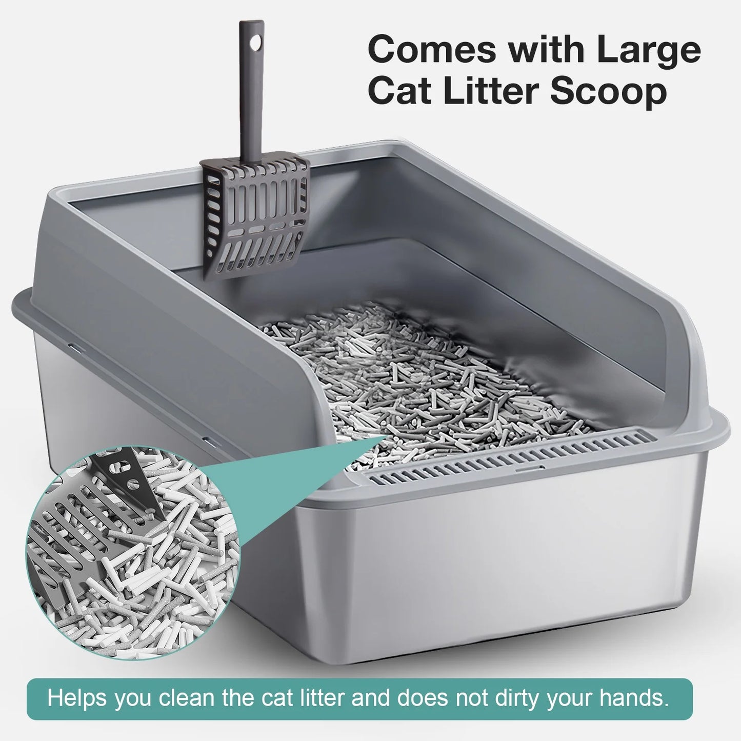 L Stainless Steel Cat Litter Box for Big Cats, MS-50 Metal Cat Litter Box with Scoop & Mat, Dark Gray