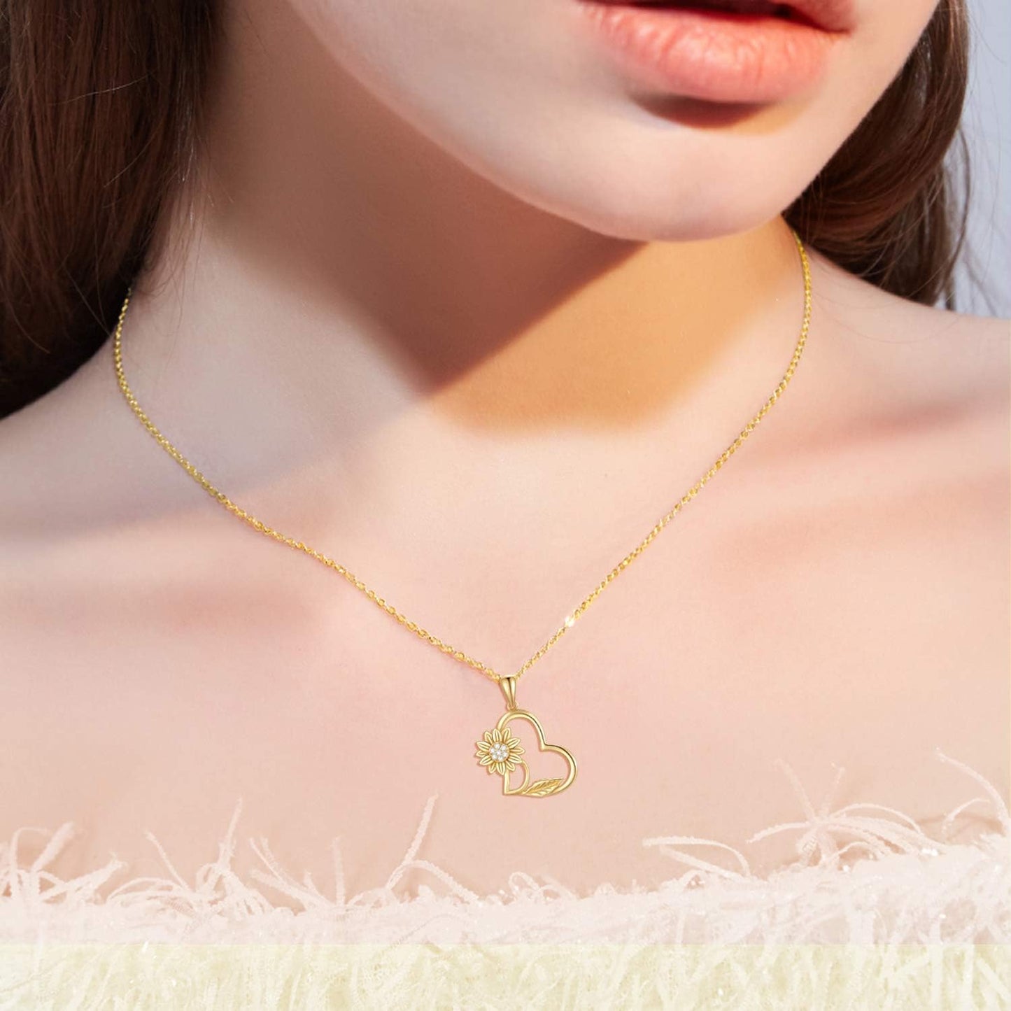 14K Gold Sunflower Heart Necklace for Women,"You Are My Sunshine" Real Gold Love Jewelry Gifts for Wife Girlfriend, Present for Her16"-18"