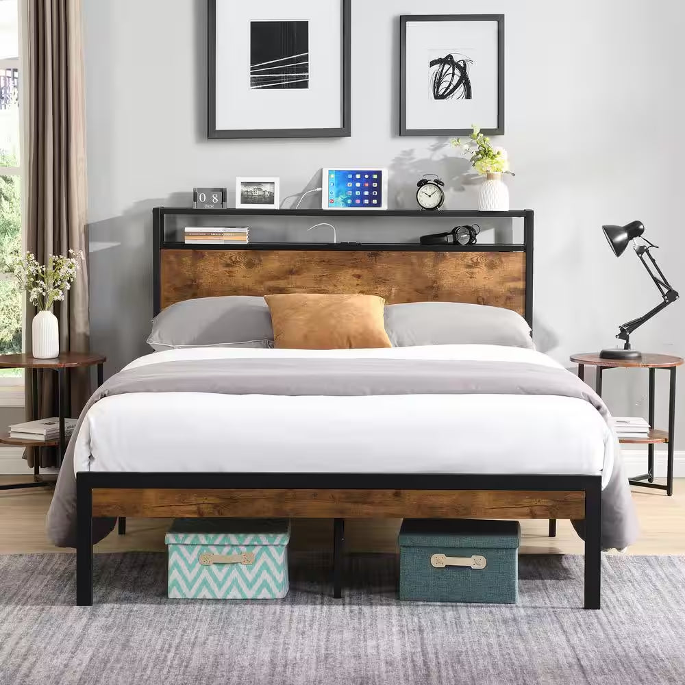 Modern Industrial Black Metal Frame Queen Platform Bed with Wooden Storage Headboard, Charging Station, Underbed Storage