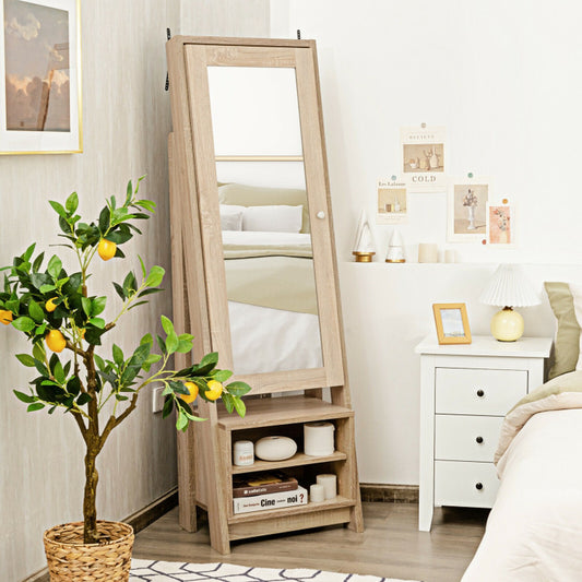 2-In-1 Wooden Cosmetics Storage Cabinet with Full-Length Mirror and Bottom Rack