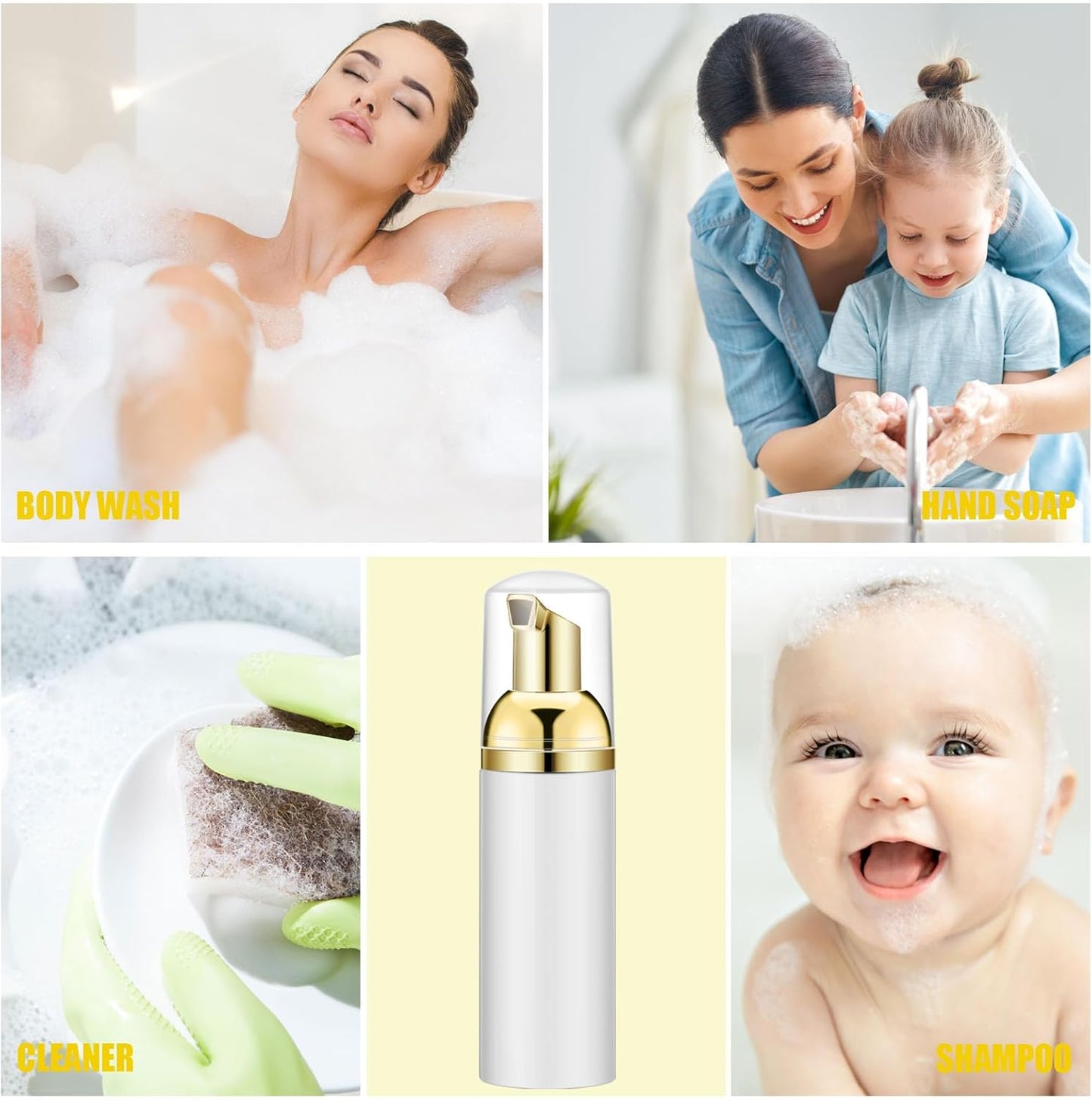 2 Oz Empty White Foam Pump Bottle, Foamer Soap Dispenser for Lash Shampoo, Hand Soap, Foaming Cleaner(Gold Pump, 6 PCS)